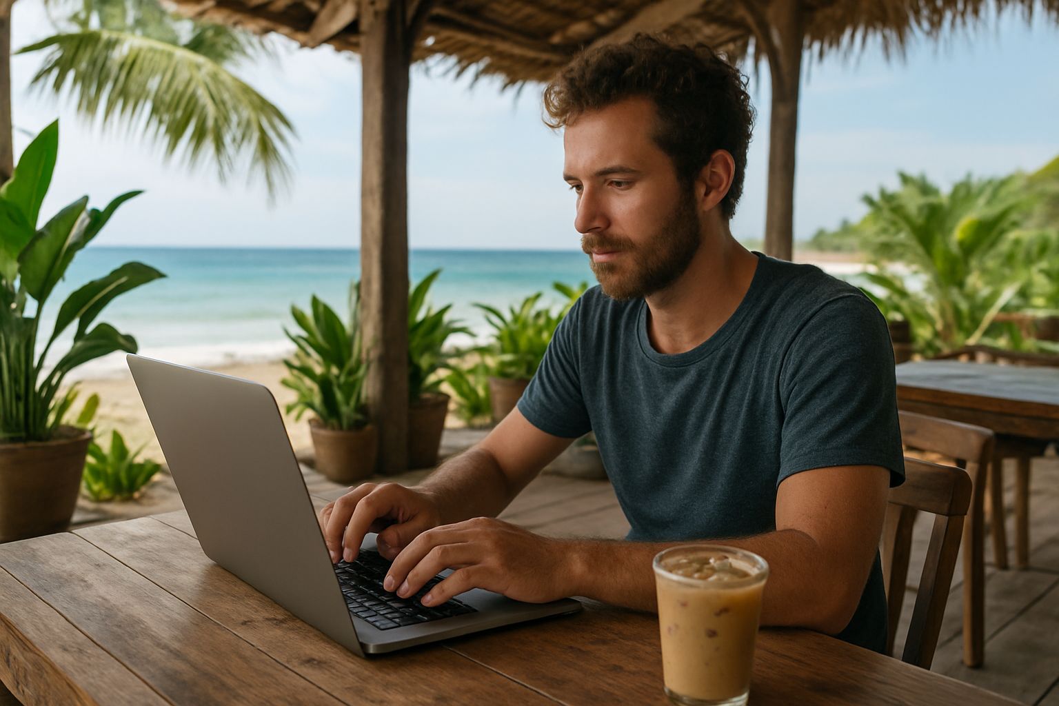 Digitaler Nomade arbeitet mit einem Laptop in einem Strandcafé