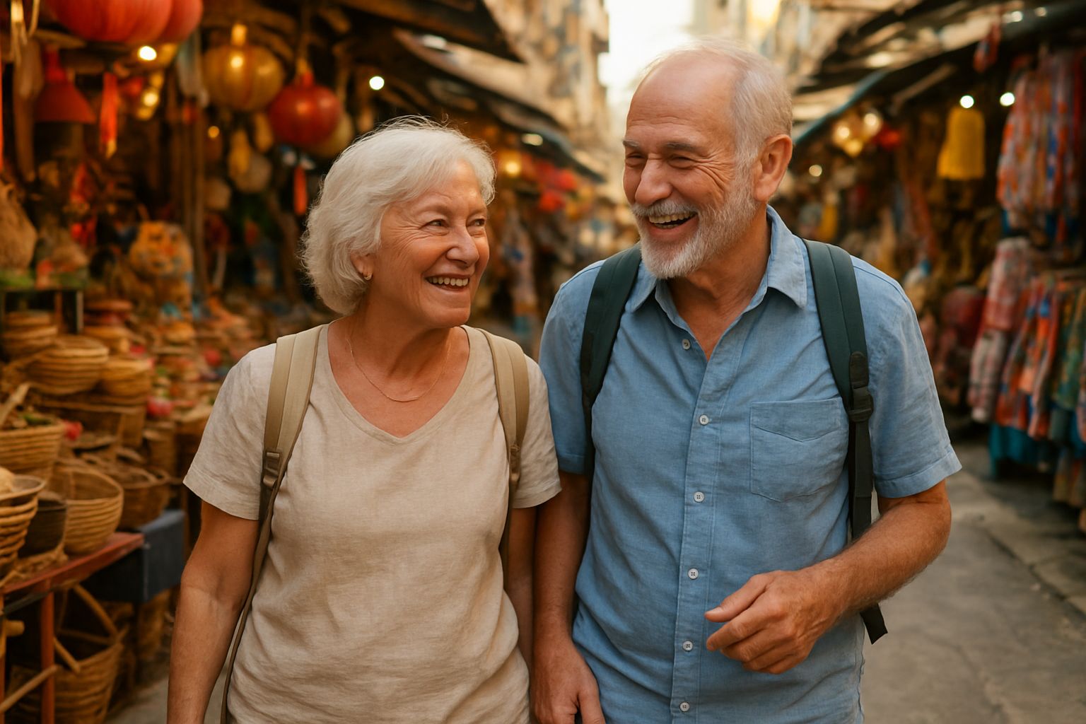 Lachendes Rentnerpaar, das durch einen asiatischen Straßenmarkt mit leichten Rucksäcken spaziert