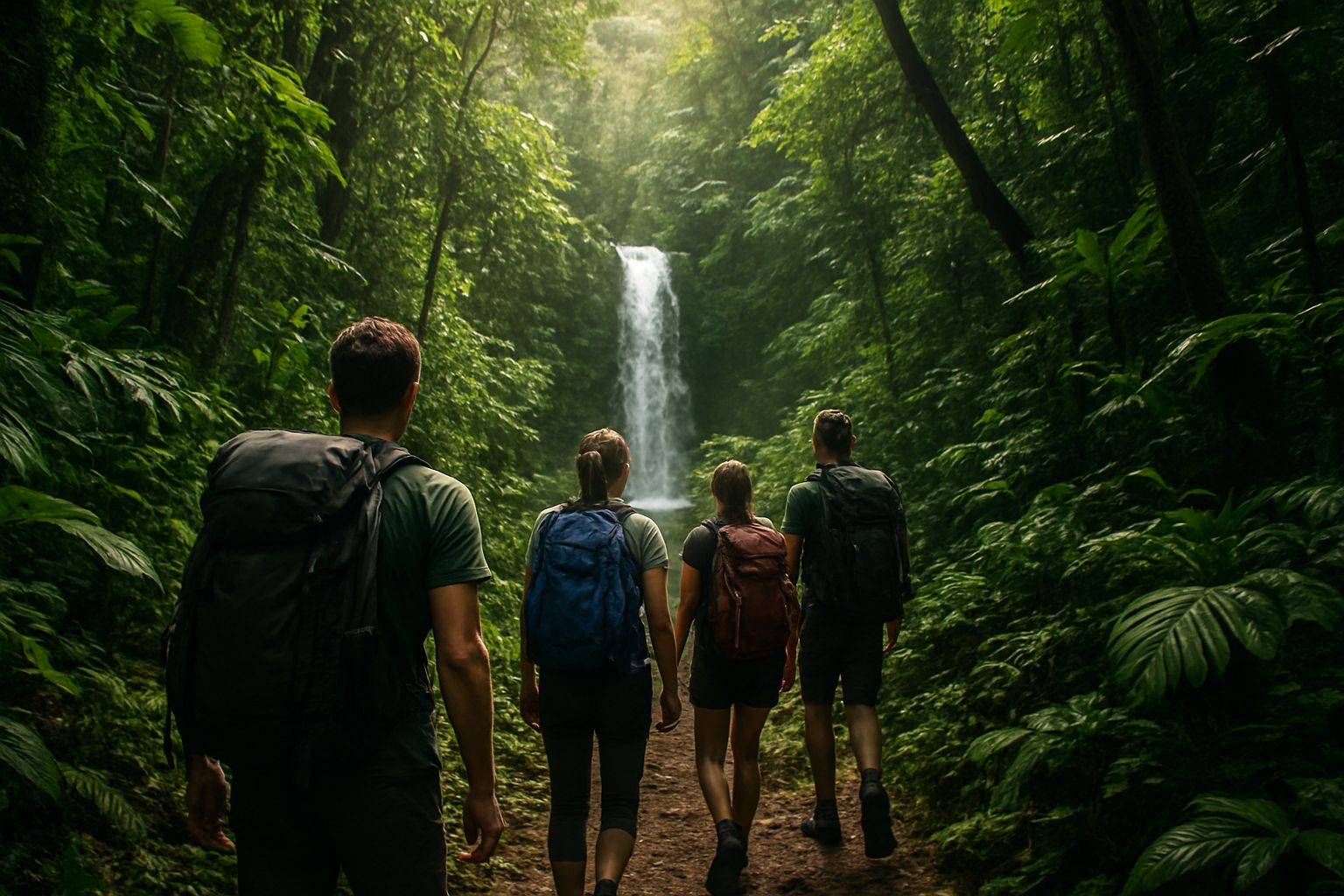 Gruppe von Wanderern, die durch den tropischen Regenwald zu einem Wasserfall gehen